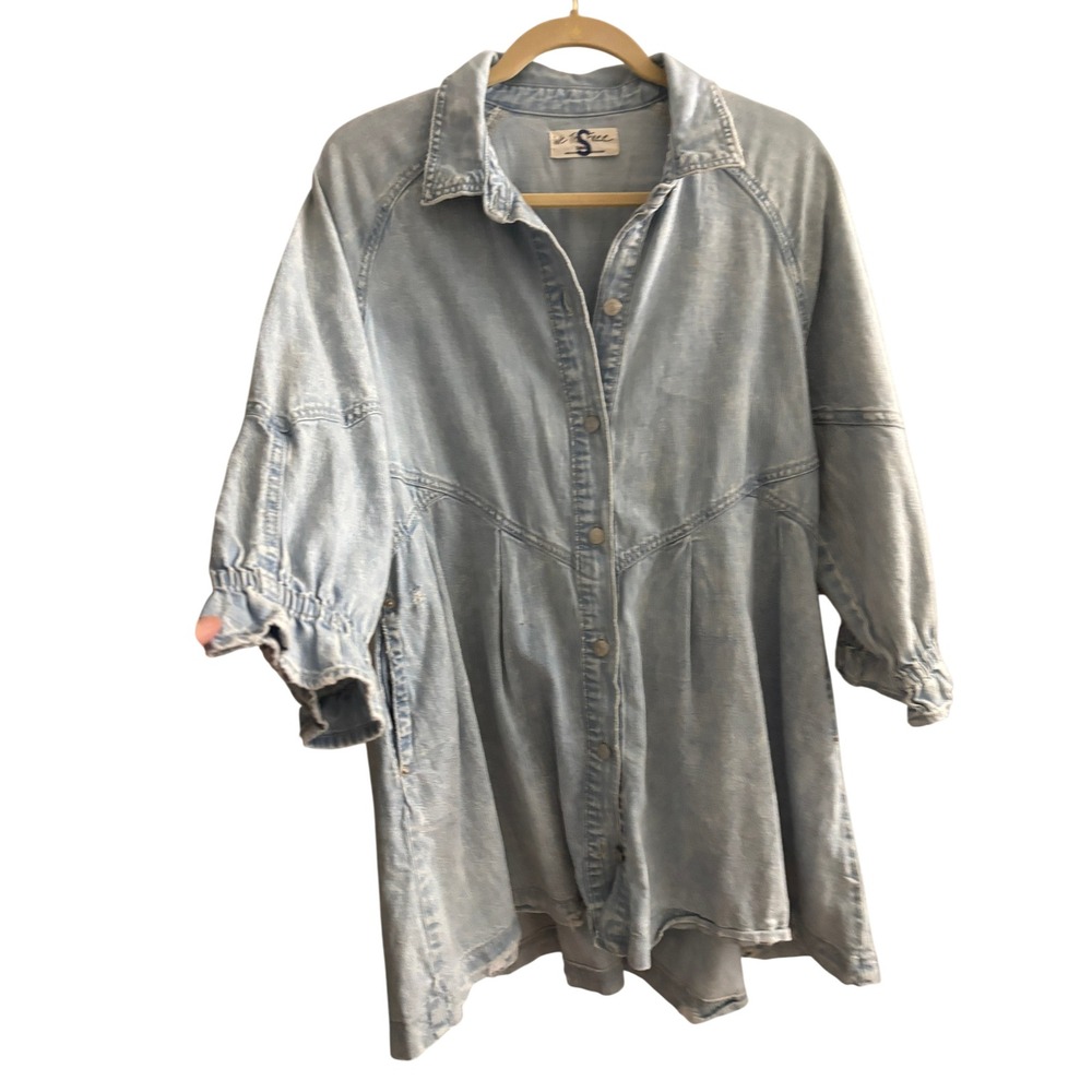 We The Free People Denim Mini Shirt Dress Light Wash Blue Pleated Button Front S